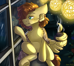 Size: 1336x1189 | Tagged: safe, artist:yuris, derpibooru import, oc, oc:yuris, pegasus, pony, christmas, female, food, freckles, garland, happy new year, holiday, new year, night, plaid, reflection, room, sadness, sitting, solo, tea, window, winter