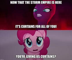 Size: 1194x998 | Tagged: safe, derpibooru import, edit, edited screencap, screencap, pinkie pie, tempest shadow, my little pony: the movie, caption, cute, diapinkes, image macro, text