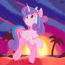 Size: 1335x1330 | Tagged: safe, artist:dariosparks, derpibooru import, princess flurry heart, alicorn, pony, beach, crown, jewelry, looking up, older, older flurry heart, regalia, solo, sun, sunset, trotting, walking