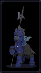 Size: 1523x2681 | Tagged: safe, artist:dipfanken, derpibooru import, oc, oc only, oc:captain black lotus, changeling, armor, black background, changeling oc, convincing armor, halberd, looking at you, simple background, solo, weapon