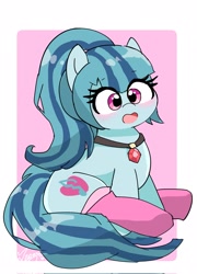Size: 1471x2048 | Tagged: safe, artist:leo19969525, derpibooru import, sonata dusk, earth pony, pony, blushing, clothes, cute, ears, ears up, female, gem, hair, jewelry, mane, mare, open mouth, pink eyes, sitting, socks, solo, sonatabetes, tail