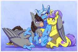 Size: 1772x1181 | Tagged: safe, artist:inuhoshi-to-darkpen, derpibooru import, oc, oc only, oc:glacandra, oc:luxor, oc:tulipan, classical hippogriff, hippogriff, unicorn, armband, chest fluff, cute, group hug, hoof fluff, hug, one eye closed, open mouth, ponytail, tongue, tongue out