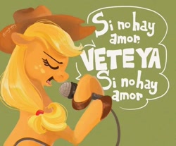 Size: 720x596 | Tagged: safe, artist:coypuppy, derpibooru import, applejack, earth pony, pony, eyes closed, female, green background, hoof hold, mare, microphone, simple background, singing, solo, spanish, translation request