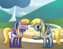 Size: 900x700 | Tagged: source needed, safe, artist:reuniclus, derpibooru import, cloud kicker, derpy hooves, pegasus, pony, argument, daytime, duo, duo female, female, fountain, outdoors