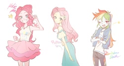 Size: 1300x699 | Tagged: safe, artist:suansuan_33, derpibooru import, fluttershy, pinkie pie, rainbow dash, equestria girls, bare shoulders, clothes, crossed arms, cutie mark on clothes, female, grin, looking at you, one eye closed, open mouth, open smile, simple background, skirt, smiling, smiling at you, stars, trio, trio female, white background, wink, winking at you