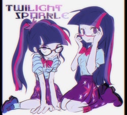 Size: 2007x1808 | Tagged: safe, artist:suansuan_33, derpibooru import, sci-twi, twilight sparkle, equestria girls, chromatic aberration, clothes, duo, duo female, female, glasses, looking at you, simple background, sitting, skirt, twolight, white background