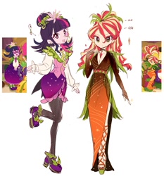 Size: 1860x2000 | Tagged: safe, artist:suansuan_33, derpibooru import, screencap, sci-twi, sunset shimmer, twilight sparkle, better together, equestria girls, holidays unwrapped, chinese, clothes, cornucopia costumes, duo, duo female, female, looking at you, o come all ye squashful, open mouth, open smile, screencap reference, simple background, smiling, smiling at you, white background