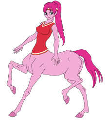 Size: 754x866 | Tagged: safe, alternate version, artist:cdproductions66, artist:nypd, derpibooru import, pinkie pie, centaur, monster girl, taur, alternate hairstyle, base used, breasts, buckball uniform, centaur pie, centaurified, clothes, headband, hooves, human head, light blue eyes, long hair, missing cutie mark, pink hair, pinkamena diane pie, pinkie pies, ponytail, raised hooves, reasonably sized breasts, shirt, simple background, sleeveless, sleeveless shirt, solo, transparent background, v-neck