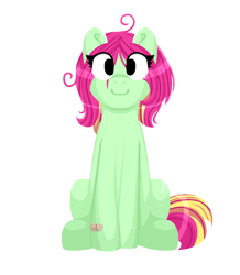Size: 1347x1545 | Tagged: safe, artist:lindasaurie, derpibooru exclusive, derpibooru import, oc, oc only, oc:strawi dinosaur, earth pony, pony, 2023 community collab, bandaid, derpibooru community collaboration, earth pony oc, eye clipping through hair, female, lineless, mare, ponysona, simple background, sitting, smiling, solo, transparent background