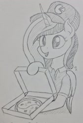 Size: 1380x2048 | Tagged: safe, artist:mkogwheel, derpibooru import, princess cadance, alicorn, pony, cadance's pizza delivery, clothes, female, food, grayscale, hoof hold, mare, monochrome, pencil drawing, pizza, pizza box, traditional art, uniform