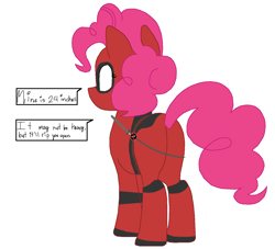 Size: 1505x1369 | Tagged: safe, artist:scootaloormayfly, derpibooru import, pinkie pie, earth pony, cosplay, costume, deadpool, marvel, pinkiepool, simple background, solo, speech bubble, sword, text, weapon, white background, white eyes