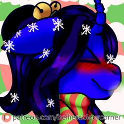 Size: 500x500 | Tagged: safe, artist:trr_bc, derpibooru import, oc, oc:alethila, pony, unicorn, advertisement, blue fur, breath, breathing, christmas, clothes, cold, female, hair up, holiday, horn, patreon, patreon logo, patreon preview, patreon reward, profile picture, purple hair, scarf, snow, snowfall, snowflake, solo, unicorn oc, winter, winter outfit