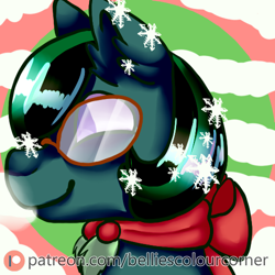 Size: 500x500 | Tagged: safe, artist:trr_bc, derpibooru import, oc, oc only, oc:raymond, earth pony, pony, advertisement, breath, breathing, brown mane, bust, christmas, clothes, cold, earth pony oc, glasses, green fur, holiday, male, patreon, patreon logo, patreon preview, patreon reward, profile picture, purple eyes, scarf, snow, snowfall, snowflake, solo