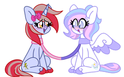 Size: 1600x1000 | Tagged: safe, artist:ladylullabystar, derpibooru import, oc, oc only, oc:lullaby star, pegasus, pony, unicorn, clothes, female, leash, mare, scarf, shared clothing, shared scarf, simple background, transparent background