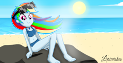 Size: 1980x1020 | Tagged: safe, artist:mlplary6, derpibooru import, rainbow dash, equestria girls, beach, bikini, clothes, female, glasses, looking at you, rock, smiling, smiling at you, sun, swimsuit