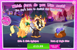 Size: 1960x1296 | Tagged: safe, derpibooru import, applejack, kirin, nirik, advertisement, applejack's hat, clothes, cloven hooves, coin purse, costs real money, cowboy hat, duality, english, fangs, female, fire, gameloft, hat, horn, kirin applejack, kirin-ified, magic coins, mane of fire, mobile game, my little pony: magic princess, numbers, official, sale, species swap, text