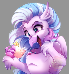 Size: 800x860 | Tagged: safe, artist:cabbage-arts, derpibooru import, silverstream, classical hippogriff, hippogriff, drink, female, gray background, open mouth, open smile, simple background, smiling, solo