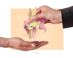 Size: 1600x1275 | Tagged: safe, artist:miryelis, derpibooru import, fluttershy, human, pegasus, pony, full body, hand, hanging, irl, irl human, meme, photo, shitposting, signature, simple background, smiling, smol, solo, wings