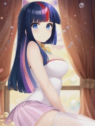 Size: 512x682 | Tagged: safe, derpibooru import, editor:sammykun, generator:novelai, generator:stable diffusion, machine learning generated, twilight sparkle, human, bare shoulders, breasts, clothes, headlight sparkle, humanized, looking at you, sideboob, sitting, skirt, sleeveless, solo, white shirt, window