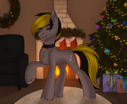 Size: 2111x1728 | Tagged: safe, alternate version, artist:enderbee, derpibooru import, oc, oc only, oc:lightpeace, earth pony, pony, background, blurry background, carpet, chest fluff, christmas, christmas lights, christmas stocking, christmas tree, collar, colored, commission, ear fluff, ears, fireplace, full body, holiday, hooves, multicolored hair, raised hoof, raised leg, simple background, sketch, tree