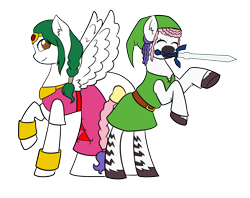 Size: 2434x1928 | Tagged: safe, artist:hayley566, artist:icicle-wicicle-1517, derpibooru import, oc, oc only, oc:olivia leaf, oc:zuri sambo, pegasus, pony, zebra, collaboration, 2023 community collab, belt, bipedal, bow, bracelet, clothes, cosplay, costume, derpibooru community collaboration, dress, duo, eyes closed, female, hat, jewelry, link, mare, master sword, mouth hold, princess zelda, raised hoof, raised leg, shirt, simple background, skirt, sword, tail, tail bow, the legend of zelda, transparent background, unshorn fetlocks, weapon, zebra oc