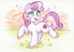 Size: 2076x1471 | Tagged: safe, artist:dandy, derpibooru import, sweetie belle, pony, unicorn, abstract background, bipedal, blushing, chest fluff, colored pencils, colored pupils, cute, diasweetes, ear fluff, ears, female, filly, foal, grass, happy, horn, music notes, open mouth, open smile, smiling, solo, traditional art, unshorn fetlocks
