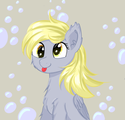 Size: 3228x3096 | Tagged: safe, artist:fa11en, derpibooru import, derpy hooves, pegasus, pony, :p, bubble, chest fluff, cute, derpabetes, female, mare, solo, tongue, tongue out