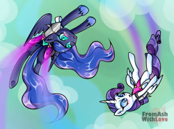 Size: 1038x770 | Tagged: safe, artist:loverashley, derpibooru import, princess luna, rarity, alicorn, blushing, clothes, cloud, duo, duo female, female, flying, jetpack, leotard, open mouth, rarity is not amused, unamused
