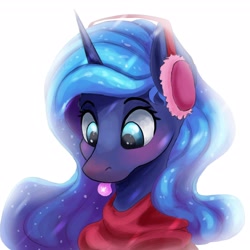 Size: 2944x2949 | Tagged: safe, artist:ryanmandraws, derpibooru import, princess luna, alicorn, pony, :p, blushing, bust, christmas, clothes, cute, earmuffs, ethereal mane, female, holiday, lunabetes, mare, mlem, portrait, scarf, silly, snow, snowfall, snowflake, solo, solo female, tongue, tongue out, winter