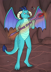 Size: 1024x1449 | Tagged: safe, artist:sparkbolt3020, derpibooru import, princess ember, dragon, bloodstone scepter, commission, confused, dragon to human, female, question mark, solo, solo female, story in the source, transformation, transformation sequence