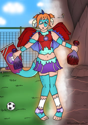 Size: 1024x1449 | Tagged: safe, artist:sparkbolt3020, derpibooru import, princess ember, human, ball, commission, dragon to human, female, soccer field, solo, solo female, story in the source, transformation, transformation sequence