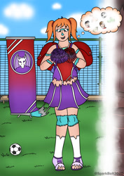 Size: 1024x1449 | Tagged: safe, artist:sparkbolt3020, derpibooru import, princess ember, clothes, commission, dragon to human, female, flag, freckles, pigtails, pom pom, skirt, soccer field, solo, solo female, story in the source, thought bubble, transformation, transformation sequence