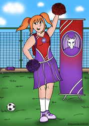 Size: 1024x1449 | Tagged: safe, artist:sparkbolt3020, derpibooru import, princess ember, human, backpack, cheerleader, cloud, commission, dragon to human, female, flag, humanized, pigtails, soccer field, solo, solo female, story in the source, transformation, transformation sequence