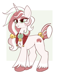 Size: 538x690 | Tagged: safe, artist:lulubell, derpibooru import, oc, oc only, oc:winter candy apple, pony, unicorn, bell, chest fluff, female, freckles, mare, short tail, smiling, solo, tail, unshorn fetlocks