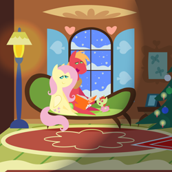 Size: 2160x2160 | Tagged: safe, anonymous artist, derpibooru import, big macintosh, fluttershy, oc, oc:late riser, earth pony, pegasus, pony, series:fm holidays, series:hearth's warming advent calendar 2022, advent calendar, baby, baby pony, book, christmas, christmas tree, clothes, colt, family, female, fluttermac, fluttershy's cottage, foal, footed sleeper, footie pajamas, high res, holiday, hoof hold, lineless, male, mare, offspring, pajamas, parent:big macintosh, parent:fluttershy, parents:fluttermac, pointy ponies, reading, shipping, sitting, stallion, story time, straight, tree