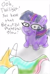 Size: 1080x1600 | Tagged: safe, artist:datte-before-dawn, princess celestia, twilight sparkle, alicorn, pony, unicorn, crown, dialogue, female, horn, jewelry, mare, offscreen character, pregnant, regalia, squatpony, sweat, twiggie, wide eyes