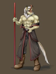Size: 1350x1800 | Tagged: safe, artist:d-lowell, derpibooru import, oc, oc only, oc:snowblaze, anthro, kirin, abs, boots, braid, brown background, clothes, male, muscles, muscular male, nudity, partial nudity, robe, shoes, simple background, solo, staff, topless