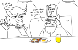 Size: 1224x784 | Tagged: safe, artist:tjpones, derpibooru import, oc, oc only, oc:anon-mare, oc:jargon scott, earth pony, pony, bacon, black and white, dialogue, diner, drink, duo, female, food, fried egg, grayscale, hat, hoof hold, juice, male, mare, meat, monochrome, orange juice, partial color, stallion, sunglasses, waitress