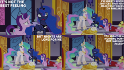 Size: 4400x2475 | Tagged: safe, derpibooru import, edit, edited screencap, editor:quoterific, screencap, princess celestia, princess luna, starlight glimmer, a royal problem, food, pancakes