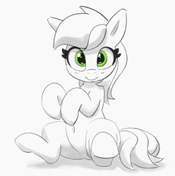 Size: 1192x1200 | Tagged: safe, artist:pabbley, derpibooru import, roseluck, earth pony, pony, belly button, grayscale, looking at you, monochrome, partial color, simple background, sitting, smiling, smiling at you, solo, white background