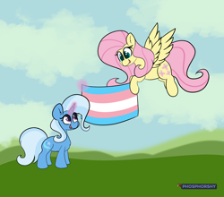 Size: 4460x3918 | Tagged: safe, artist:phosphorshy, derpibooru import, fluttershy, trixie, pegasus, pony, unicorn, chest fluff, cloud, ear fluff, ears, female, flying, glowing, glowing horn, grass, horn, magic, magic aura, mouthpiece, open mouth, pride, pride flag, simple background, spread wings, standing, telekinesis, trans female, trans trixie, transgender, transgender pride flag, wings