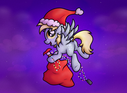 Size: 2760x2017 | Tagged: safe, artist:background basset, derpibooru import, derpy hooves, pegasus, pony, bag, christmas, christmas lights, flying, hat, holiday, night, santa hat, spread wings, wings