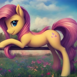 Size: 3072x3072 | Tagged: safe, derpibooru import, machine learning generated, fluttershy, pony, anything pony: sd is magic, flower, looking at you, solo