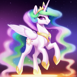 Size: 1024x1024 | Tagged: safe, derpibooru import, generator:purplesmart.ai, generator:stable diffusion, machine learning generated, princess celestia, alicorn, pony, collar, cute, cutie mark, ethereal mane, ethereal tail, female, floating, folded wings, hoof shoes, jewelry, looking to side, looking to the left, majestic, mare, regalia, smiling, solo, stars, tail, tiara, wings