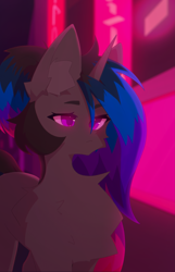 Size: 2579x4003 | Tagged: safe, alternate version, artist:rofu, derpibooru import, oc, oc only, oc:efri, pony, unicorn, city, female, glowing, glowing eyes, neon, night, street