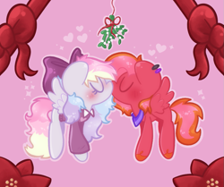 Size: 1043x872 | Tagged: safe, artist:typhwosion, derpibooru import, oc, oc:blazey sketch, oc:lucas reins, pegasus, bandana, bow, clothes, commission, couple, gift art, hair bow, kissing, long hair, mistletoe, multicolored hair, oc x oc, pegasus oc, piercing, pink background, shipping, simple background, sweater, your character here