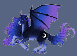 Size: 3017x2190 | Tagged: safe, artist:psychoyamada, derpibooru import, princess luna, alicorn, bat pony, bat pony alicorn, pony, alternate design, bat wings, colored hooves, curved horn, ethereal mane, fangs, female, gray background, horn, mare, redesign, simple background, solo, starry mane, starry wings, unshorn fetlocks, watermark, white outline, wings
