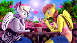 Size: 3840x2160 | Tagged: safe, artist:sallymarshop, derpibooru import, oc, oc only, oc:blazey sketch, oc:rory kenneigh, anthro, pegasus, 3d, big breasts, blue eyes, blushing, breasts, brown mane, clothes, couple, denim, detailed background, food, green eyes, grey fur, heart, ice cream, jeans, looking at each other, looking at someone, multicolored hair, pants, pegasus oc, shirt, shorts, source filmmaker, tanktop, yellow fur