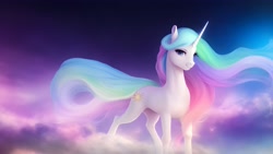 Size: 4096x2304 | Tagged: safe, derpibooru import, machine learning generated, princess celestia, pony, unicorn, anything pony: sd is magic, female, galaxy, mare, missing accessory, race swap, solo, unicorn celestia