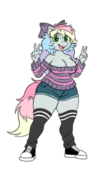 Size: 907x1509 | Tagged: safe, artist:artistbrogan, derpibooru import, oc, oc only, oc:blazey sketch, anthro, pegasus, plantigrade anthro, big breasts, bow, breasts, butt, clothes, converse, double peace sign, gift art, green eyes, grey fur, hair bow, large butt, long hair, long tail, multicolored hair, peace sign, pegasus oc, shoes, shorts, simple background, socks, sweater, tail, thigh highs, white background